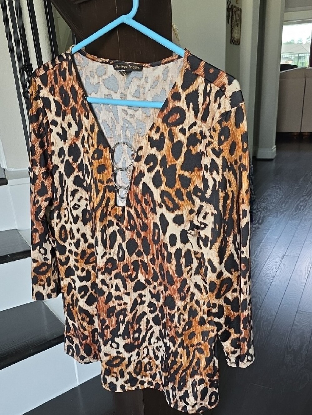 Women’s Leopard Print V-Neck Tunic with Ring Detail - Brown/Black - Picture 4 of 11